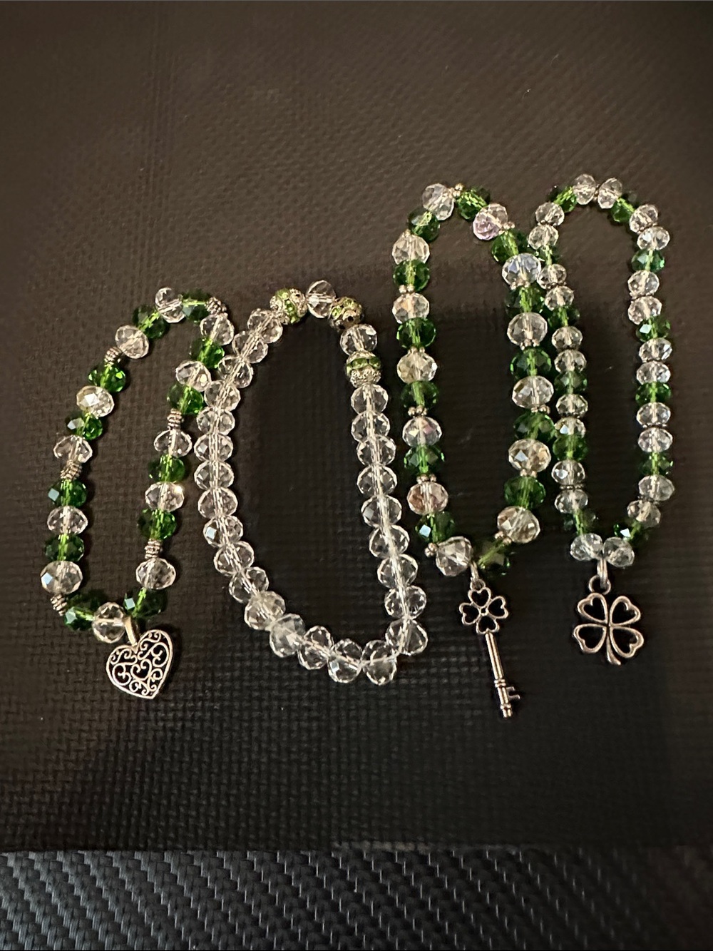 Handmade Green and Clear Beaded Charm Bracelet Set